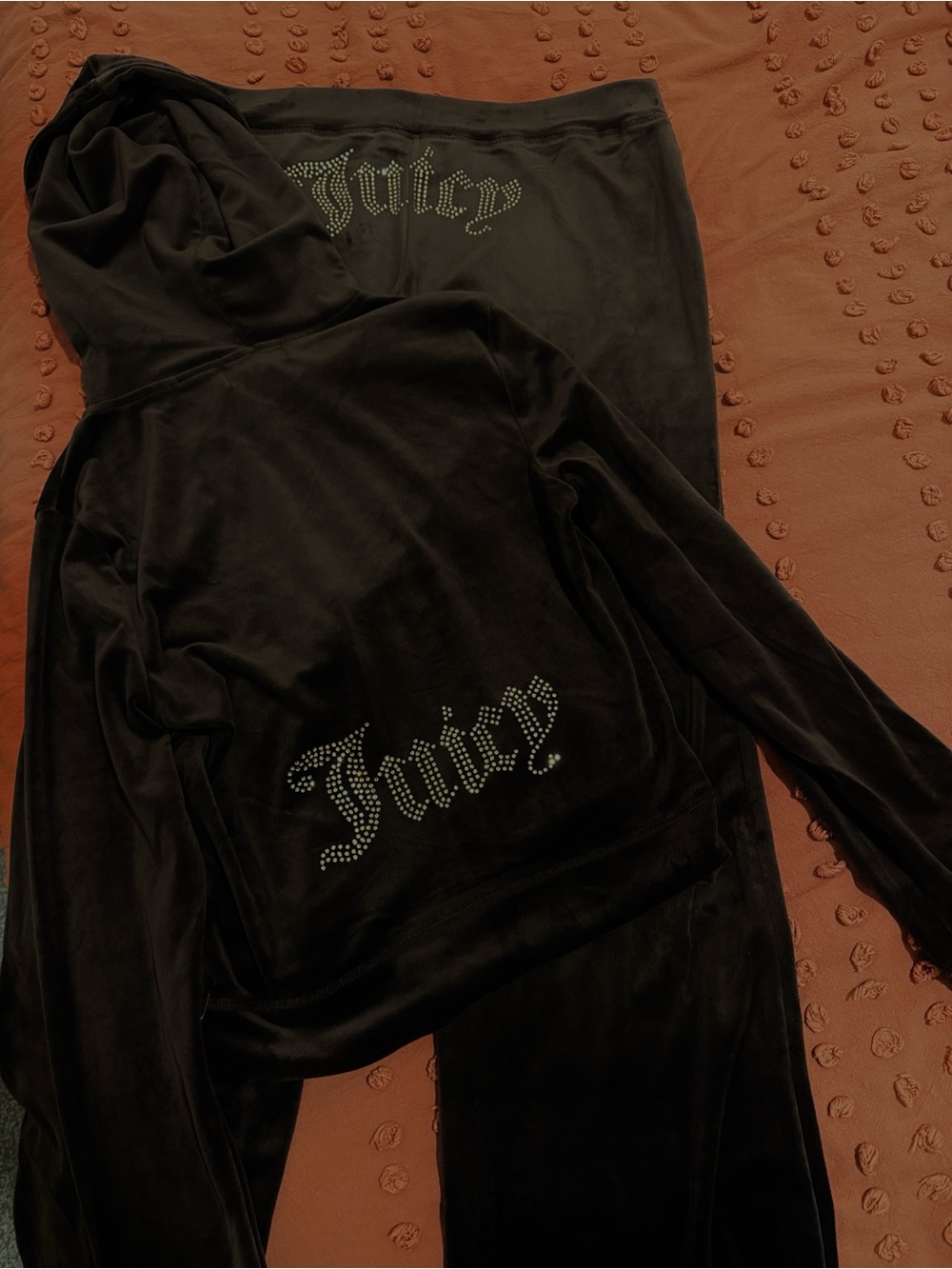 Juicy Couture Y2K Brown Gold Velour Rhinestone Bling Tracksuit Hoodie & Pant Set